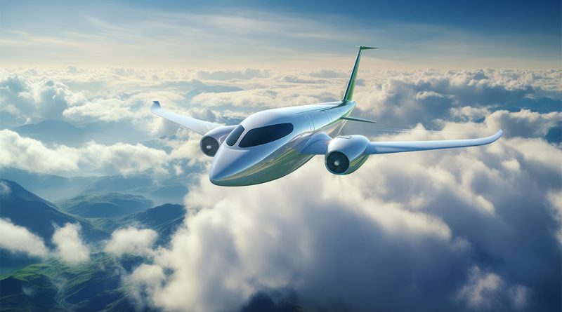 Digital image of a silver electric plane flying through the sky with the clouds beneath it