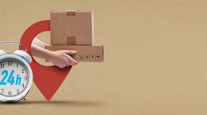 Digital image of a red location marker stood next to a clock with '24hrs' displayed on it and box packages coming out of the marker to support Cainiao article