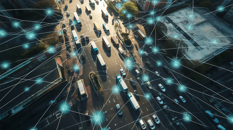 Digital image of different artificial lights linking between various modes of transport to support generative AI article