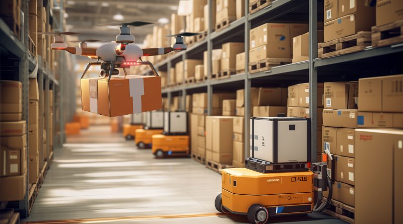 Modern logistics centerwith trucks, and drones, depicting technological advancements in logistics.