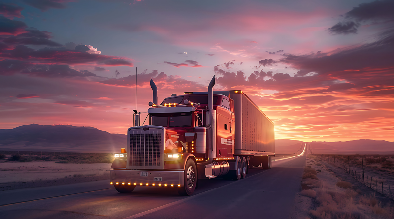 A futuristic view of commercial transportation featuring autonomous truck on a highway.