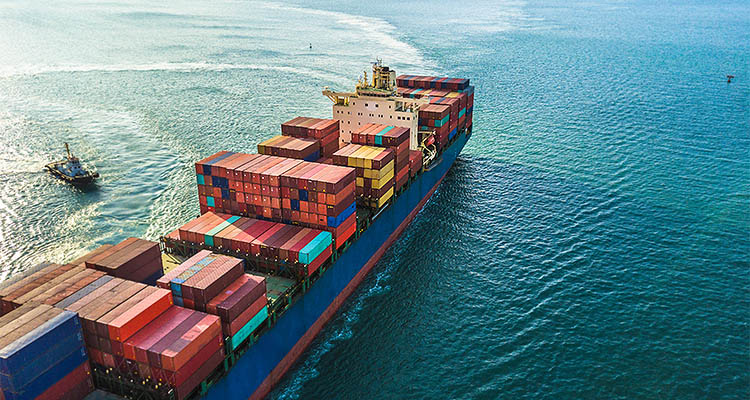 Fully laden container ship