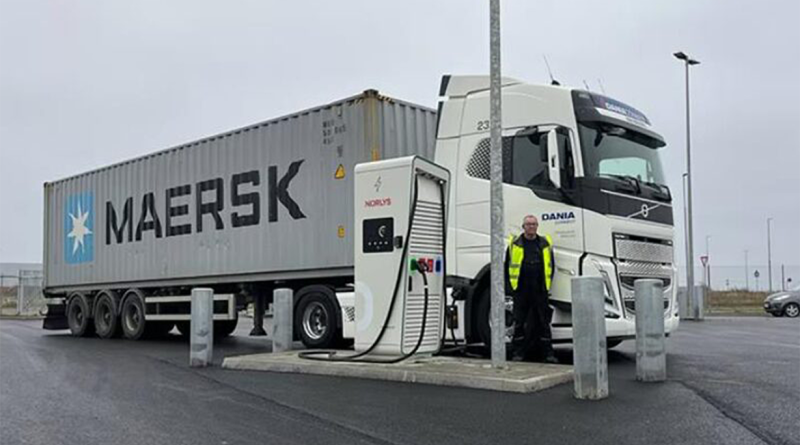 Maersk and Grundfos Drive Sustainability with Electric Trucks in Europe Maersk electric truck in charging station