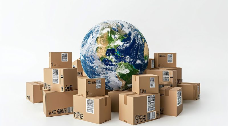 Earth with shipping boxes surrounding it to support global emissions article