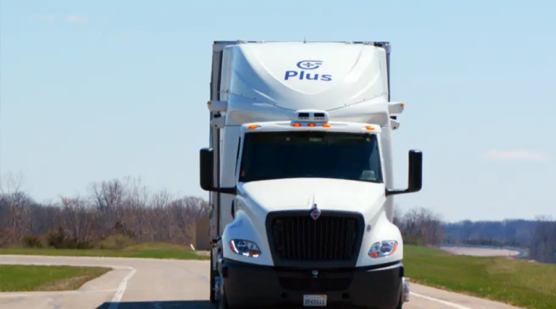 Plus Automation logo overlaid on a self-driving semi-truck in transit on a highway