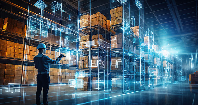 Future virtual reality technology for innovative VR warehouse management . Concept of smart technology for industrial revolution and automated logistic control