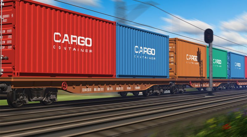A modern freight train transporting colorful intermodal cargo containers along a multi-track railway under clear skies, symbolizing efficient rail logistics.