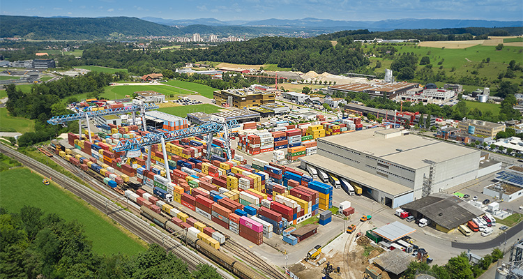 n aerial view of the Swissterminal AG's intermodal container terminal in Frenkendorf, Switzerland