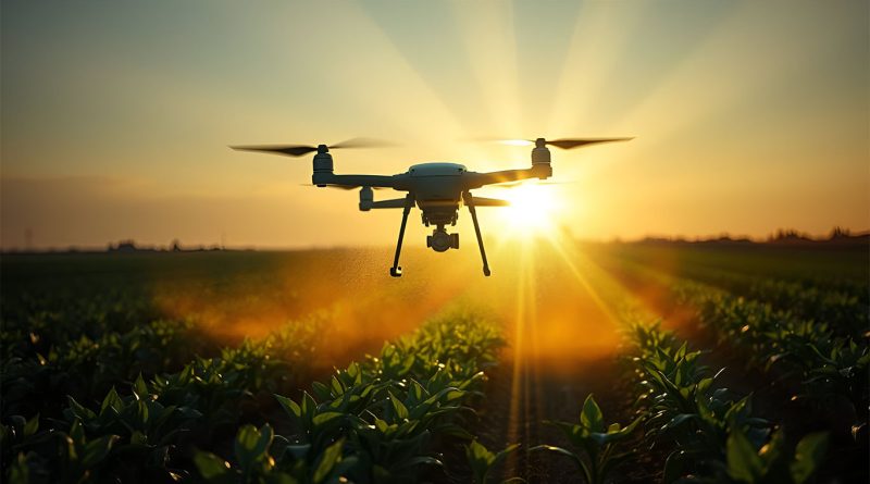 Illustration of commercial drones flying above a city skyline under FAA airspace regulations