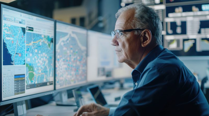 Man using AI-powered fleet management software to monitor vehicle routes and logistics data on multiple computer screens in a control center.
