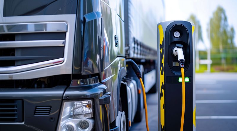 Electric HGV truck driving through an urban logistics hub in the UK