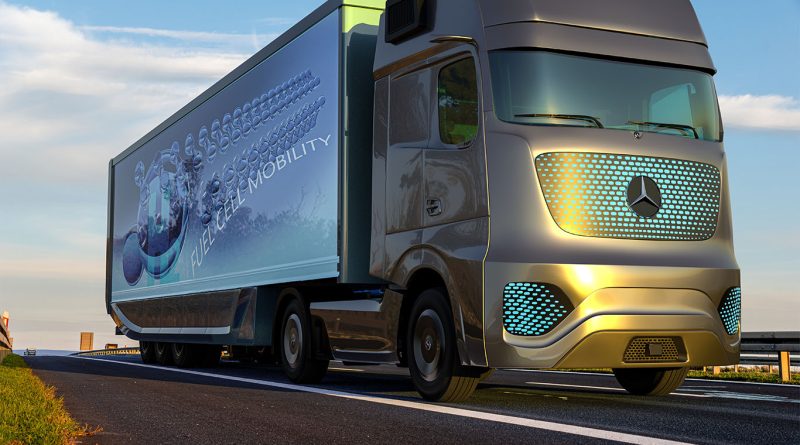 Daimler GenH2 hydrogen fuel cell truck on a European highway during logistics testing
