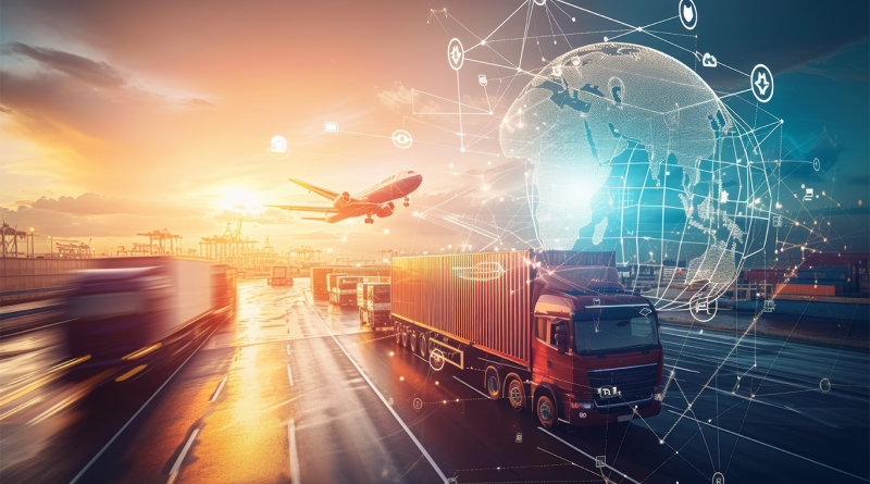 A digitally enhanced image of modern transportation and logistics, showing trucks, a cargo plane, and a shipping port at sunset with an overlay of global data and technology icons.