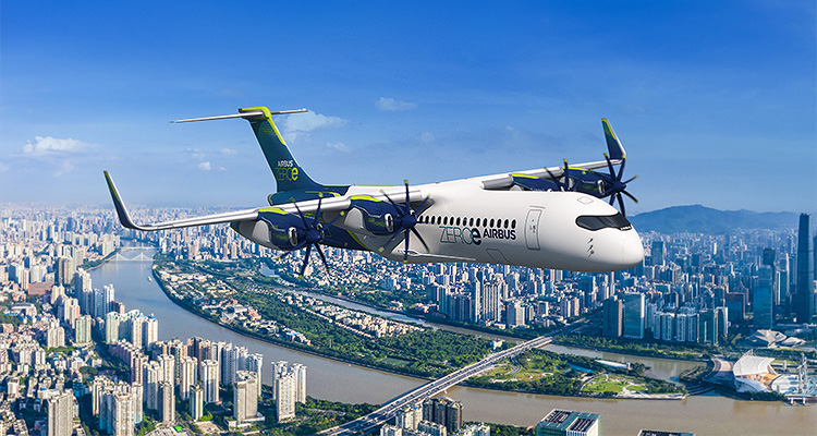 a computer-generated rendering of the Airbus ZEROe concept aircraft in flight over a large, modern city and river.