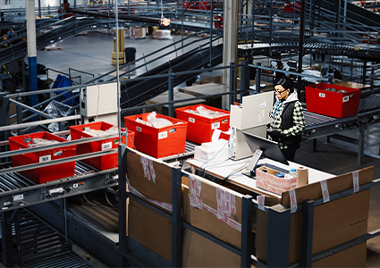 Combining decades of logistics expertise with cutting-edge technology, Dynamic Worldwide delivers global, end-to-end solutions a worker at an automated sorting station within a large logistics or e-commerce warehouse