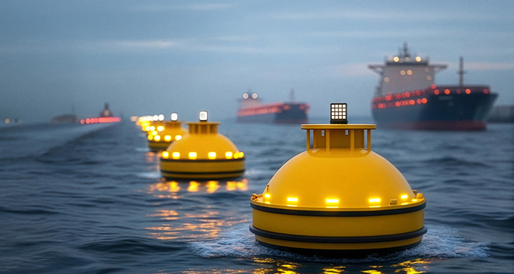 Five digital trends that are revolutionizing the marine sector a conceptual rendering of autonomous shipping technology, specifically focusing on navigation buoys used in conjunction with crewless vessels