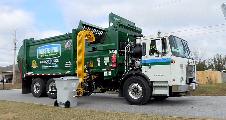 a Waste Pro USA automated side-loader garbage truck