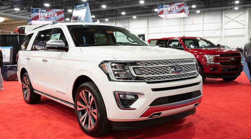 Guests ride in a Ford Bronco on a test track at the Detroit Auto Show in 2026